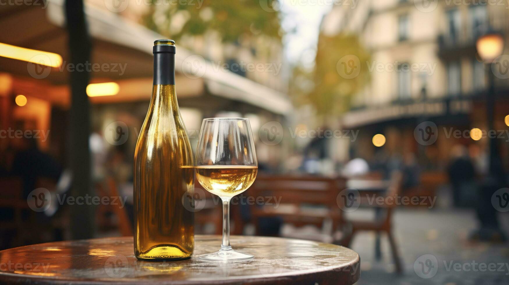 ai gegenereerd generatief ai, glas van wijn en fles Aan houten tafel met vervagen achtergrond met lichten van straat bar, cafe, koffie winkel of restaurant, wijn bespotten omhoog foto