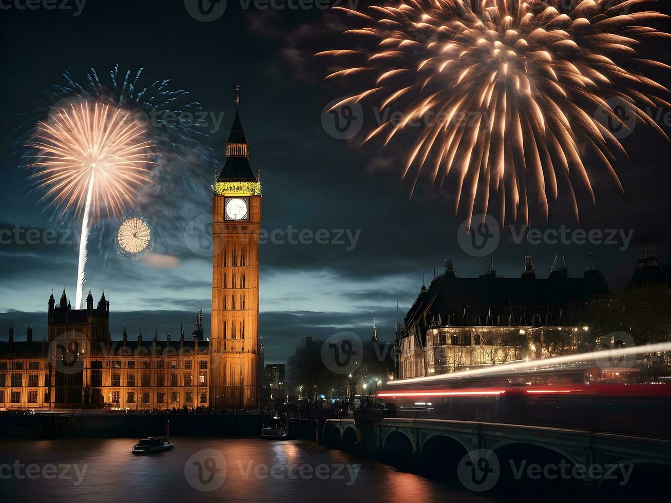 ai gegenereerd groot ben en huizen van parlement met vuurwerk foto