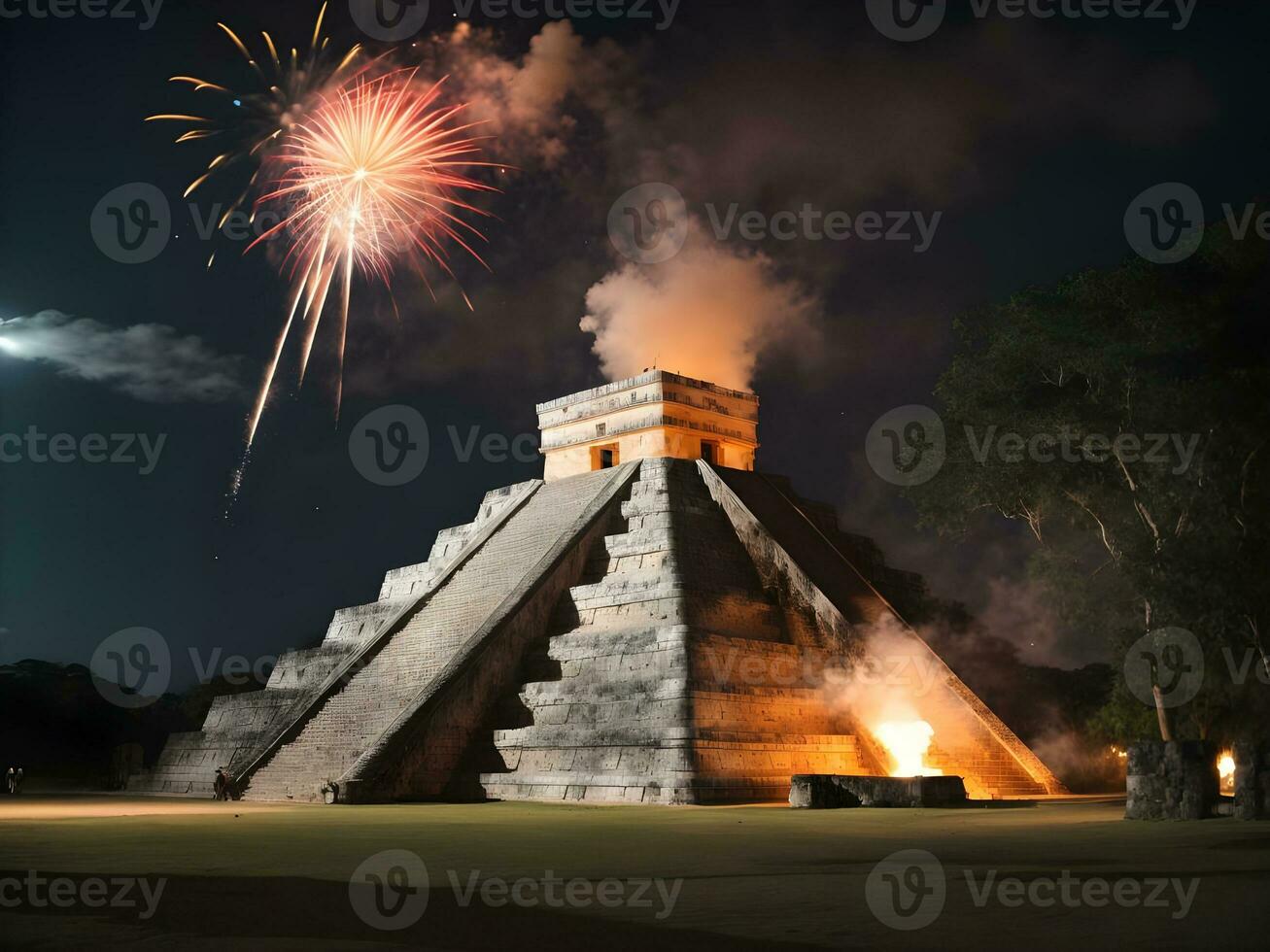 ai gegenereerd chichen itza in Mexico met oude ruïnes vuurwerk voor de nieuw jaar foto