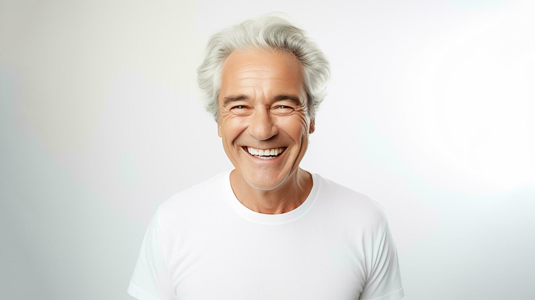 ai gegenereerd foto Jaren 50 midden- oud ouderen senior model- Mens met grijs haar- glimlachen wit achtergrond. ai gegenereerd
