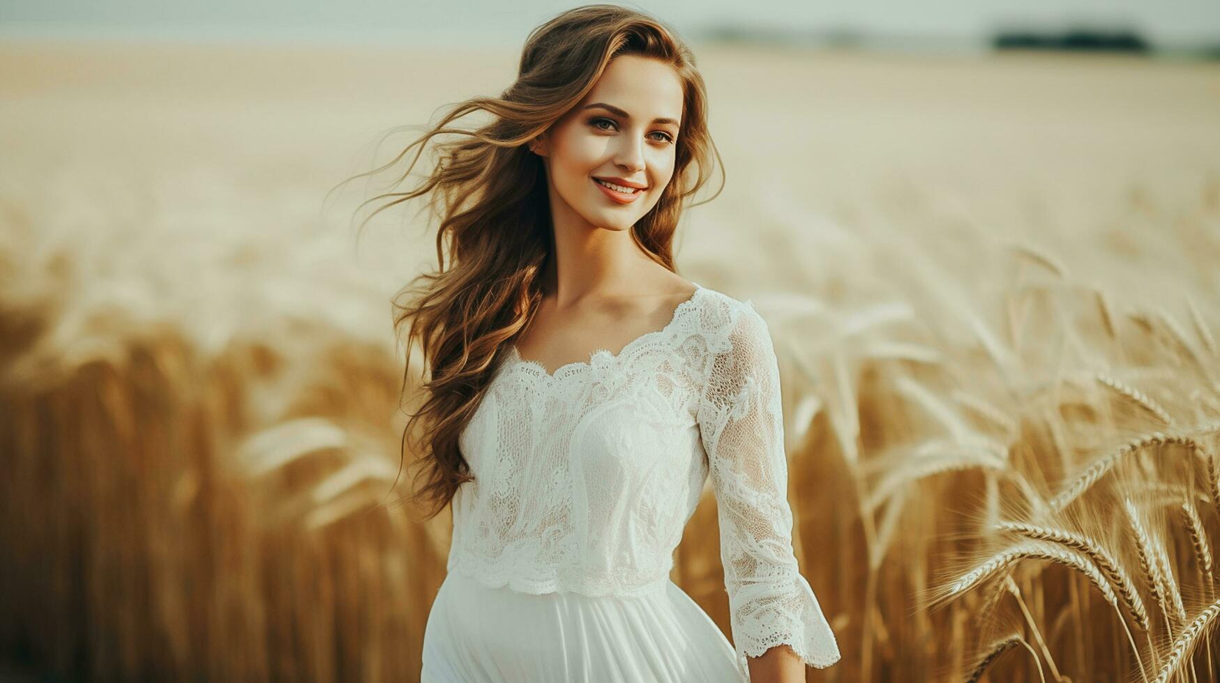 ai gegenereerd mooi vrouw met blond haar- gelukkig en glimlachen in een wit jurk Aan een tarwe veld- ai gegenereerd foto
