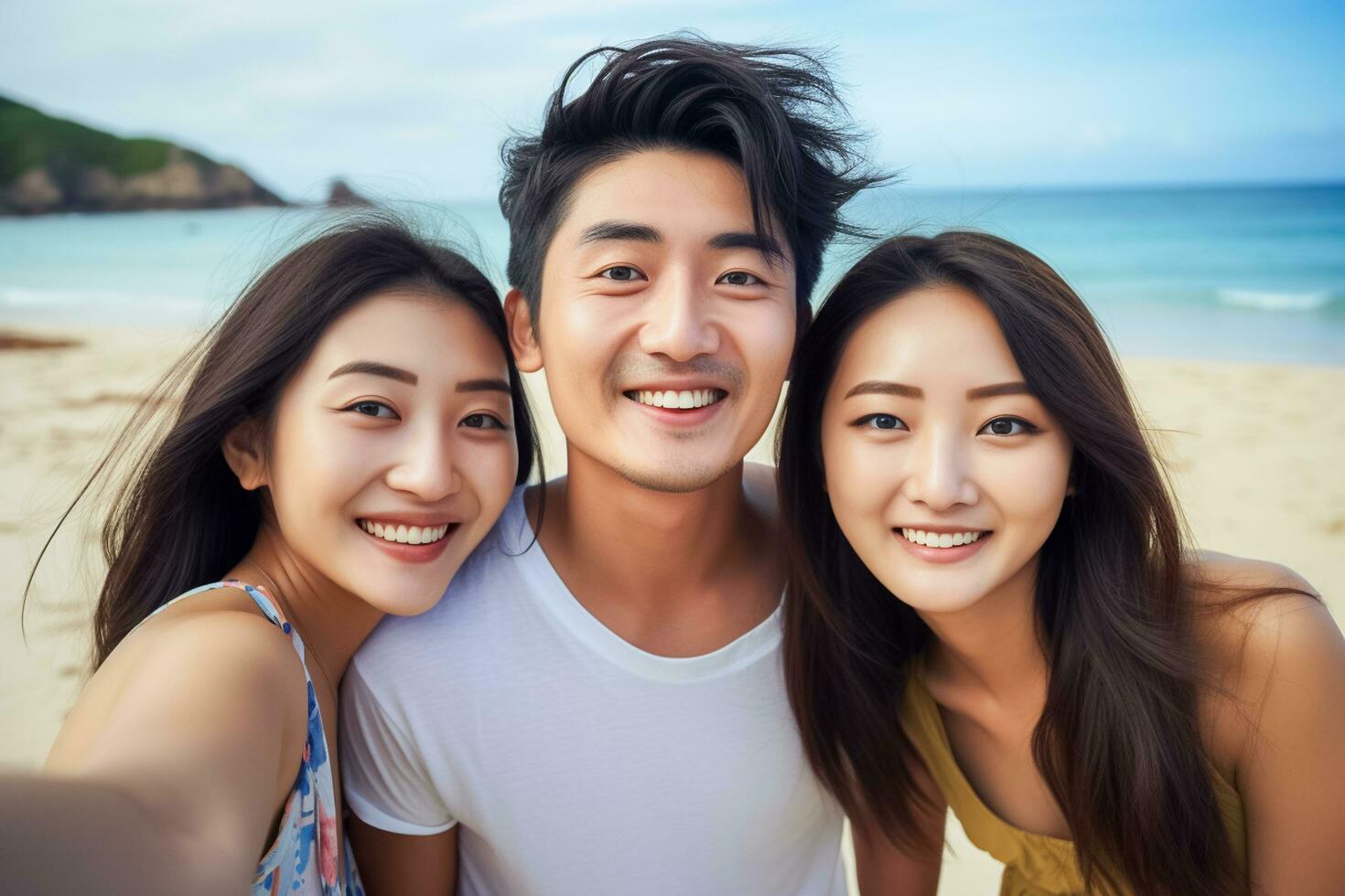 ai gegenereerd Aziatisch groep van vrienden glimlachen poseren voor foto. met blauw lucht en natuur achtergrond. ai gegenereerd foto