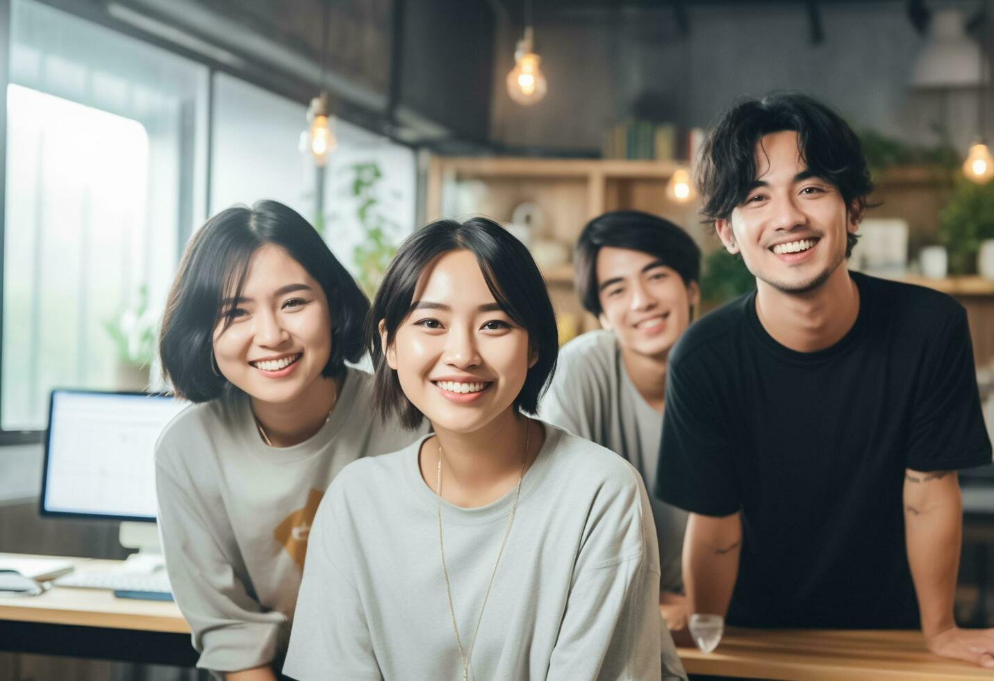 ai gegenereerd Aziatisch groep van vrienden glimlachen poseren voor foto. met coffeeshop achtergrond. ai gegenereerd foto