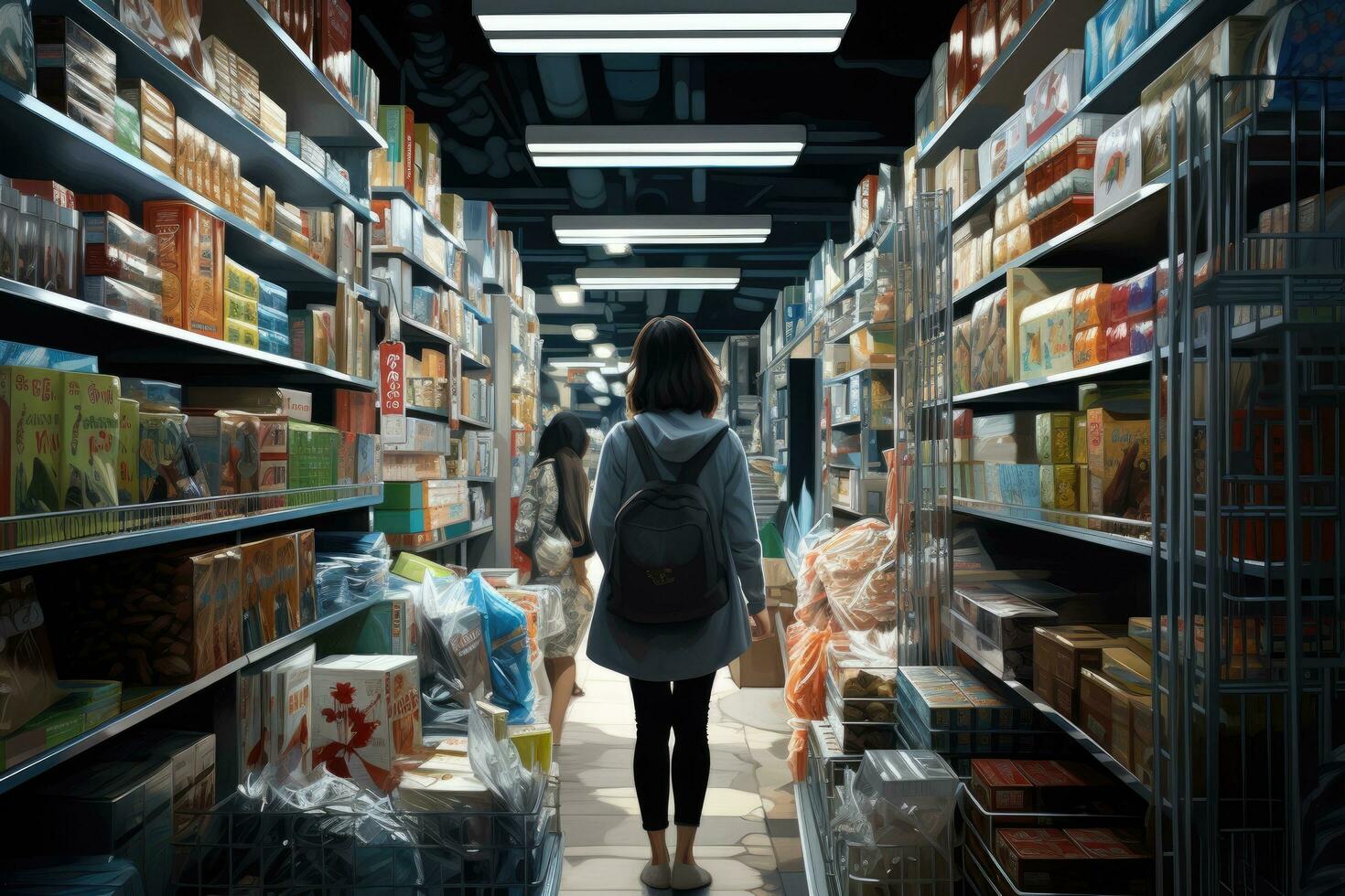 ai gegenereerd achterzijde visie van een jong vrouw staand in een magazijn vol van goederen, een vrouw met boodschappen doen Tassen tussen op te slaan planken, ai gegenereerd foto
