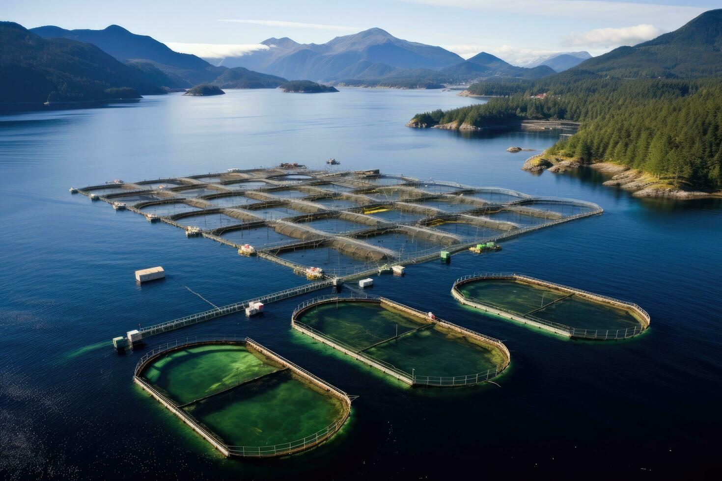 ai gegenereerd antenne visie van oester boerderij in Vancouver, Brits Colombia, Canada, een Zalm vis boerderij in oceaan water in de buurt de kust van streymay eiland, ai gegenereerd foto
