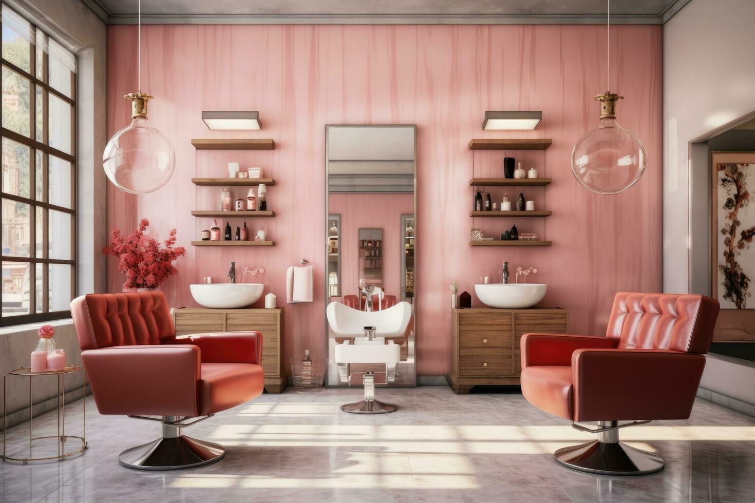 ai gegenereerd een salon kamer met roze meubilair en stoelen foto