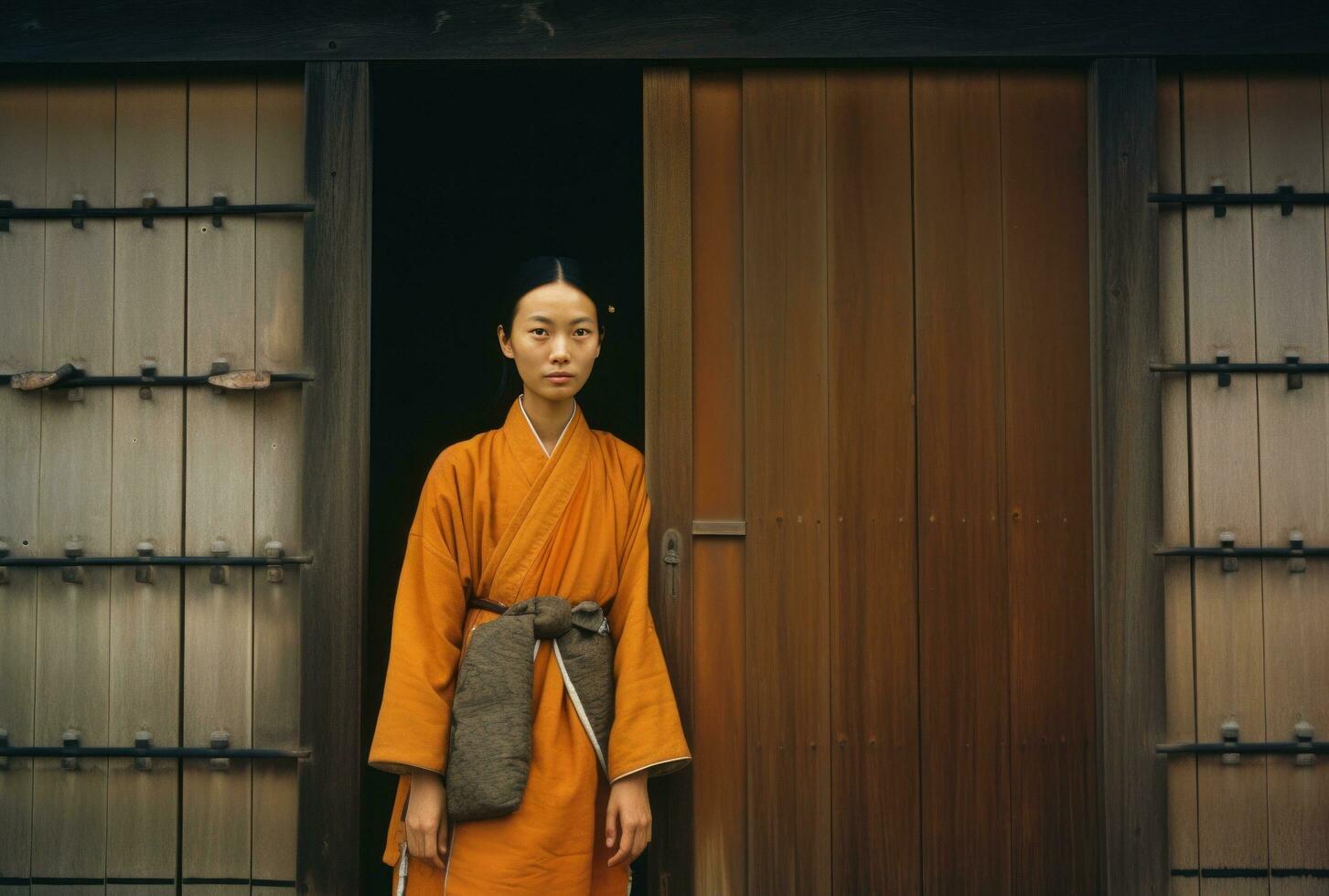 ai gegenereerd twee vrouw Aziatisch Dames staand in voorkant van een houten deur foto