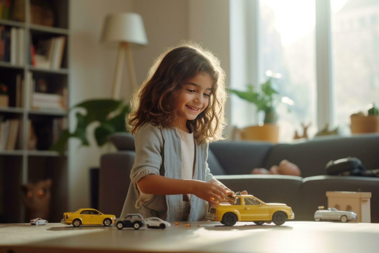 ai gegenereerd een jong meisje is spelen met speelgoed- auto's in haar leven kamer foto