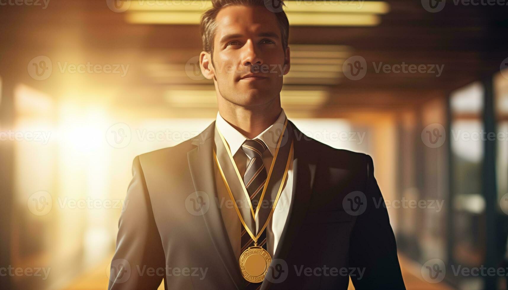 ai gegenereerd gelukkig zakenman vervelend een goud medaille. bedrijf concept foto