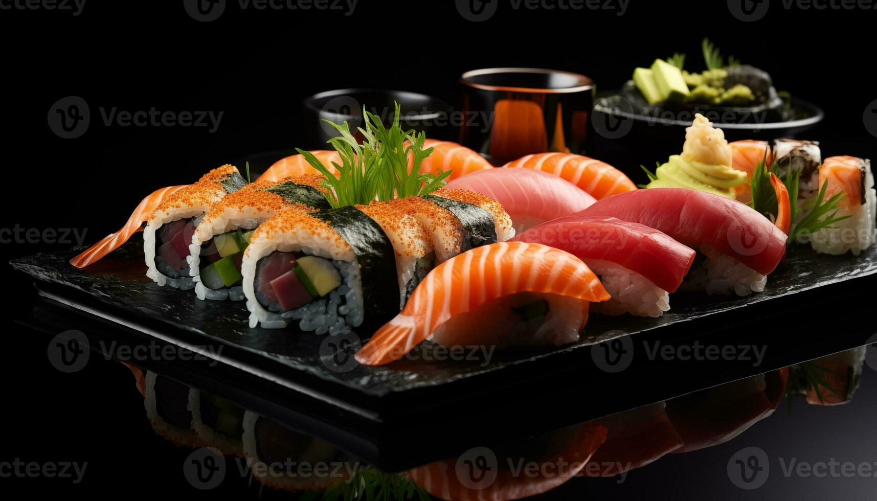 ai gegenereerd samenstelling sushi set. Japans voedsel foto