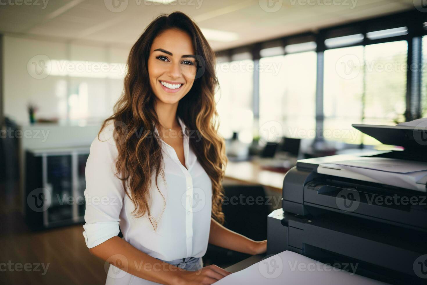 ai gegenereerd kantoor arbeider prints papier Aan multifunctioneel laser printer. document en papierwerk concept. secretaris werk. glimlachen vrouw werken in bedrijf kantoor. kopiëren, afdrukken, scannen, en fax machine. foto