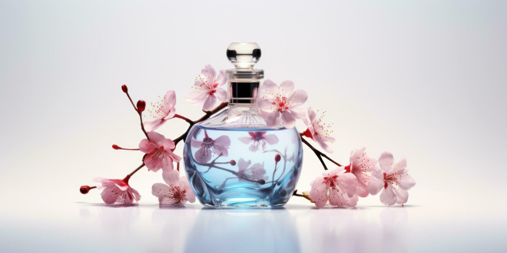ai gegenereerd beeld van parfum fles met bloem bloemblaadjes foto