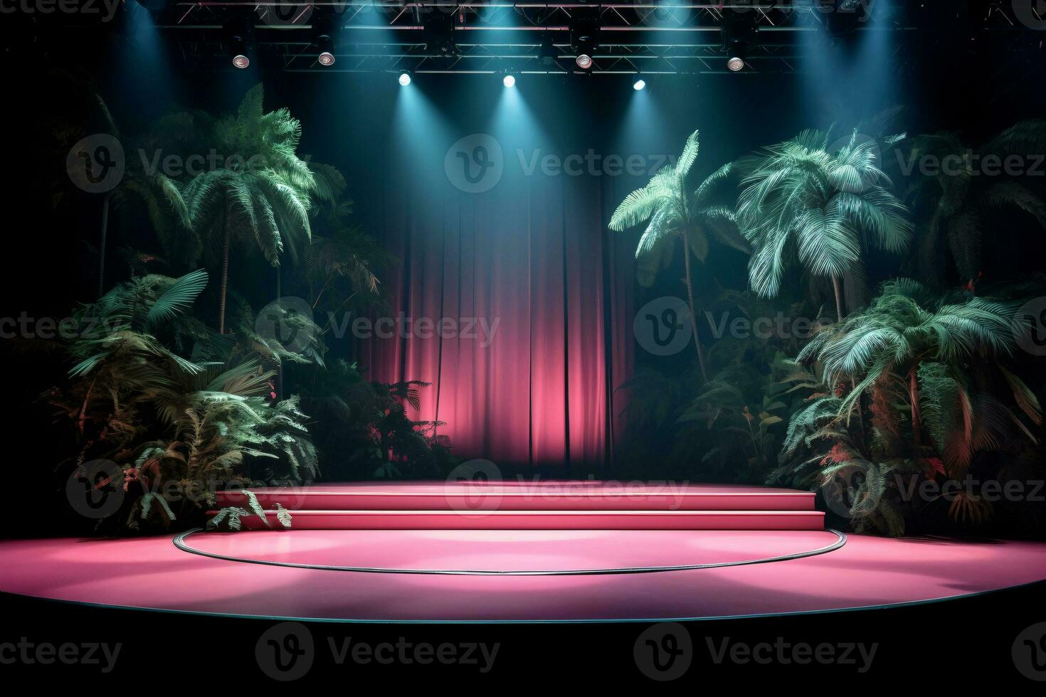 ai gegenereerd theater stadium licht achtergrond met spotlight verlichte de stadium voor opera prestatie. leeg stadium met warm sfeer kleuren, mist, rook, backdrop decoratie. vermaak show. foto