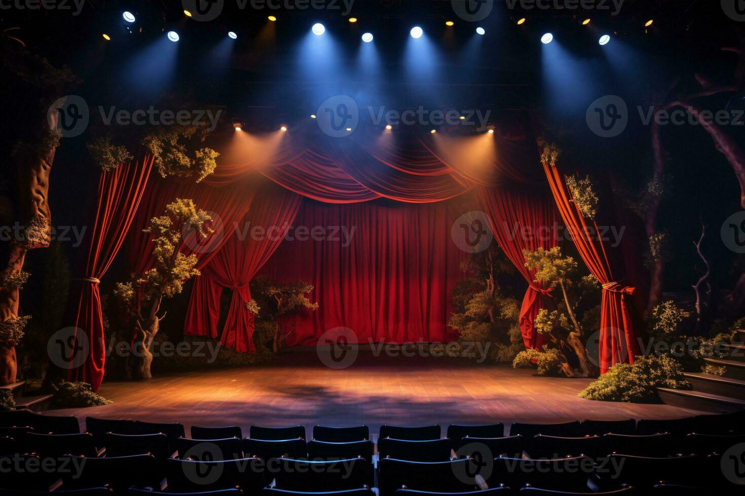 ai gegenereerd theater stadium licht achtergrond met spotlight verlichte de stadium voor opera prestatie. leeg stadium met warm sfeer kleuren, mist, rook, backdrop decoratie. vermaak show. foto