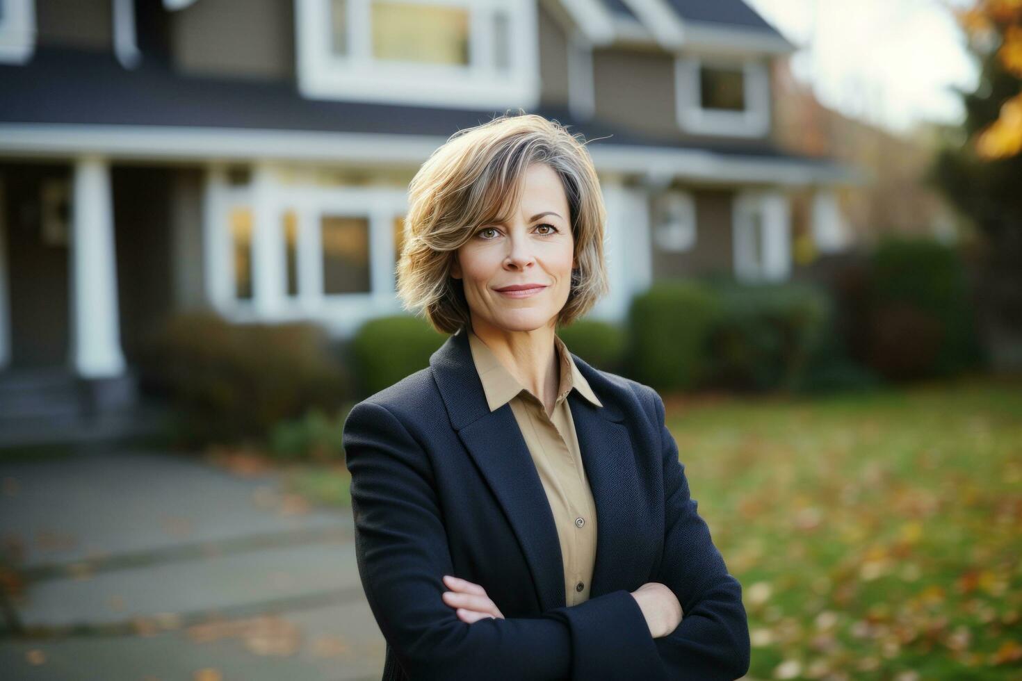 ai gegenereerd vrouw in bedrijf pak staand in voorkant van huis na ondertekening een contract foto