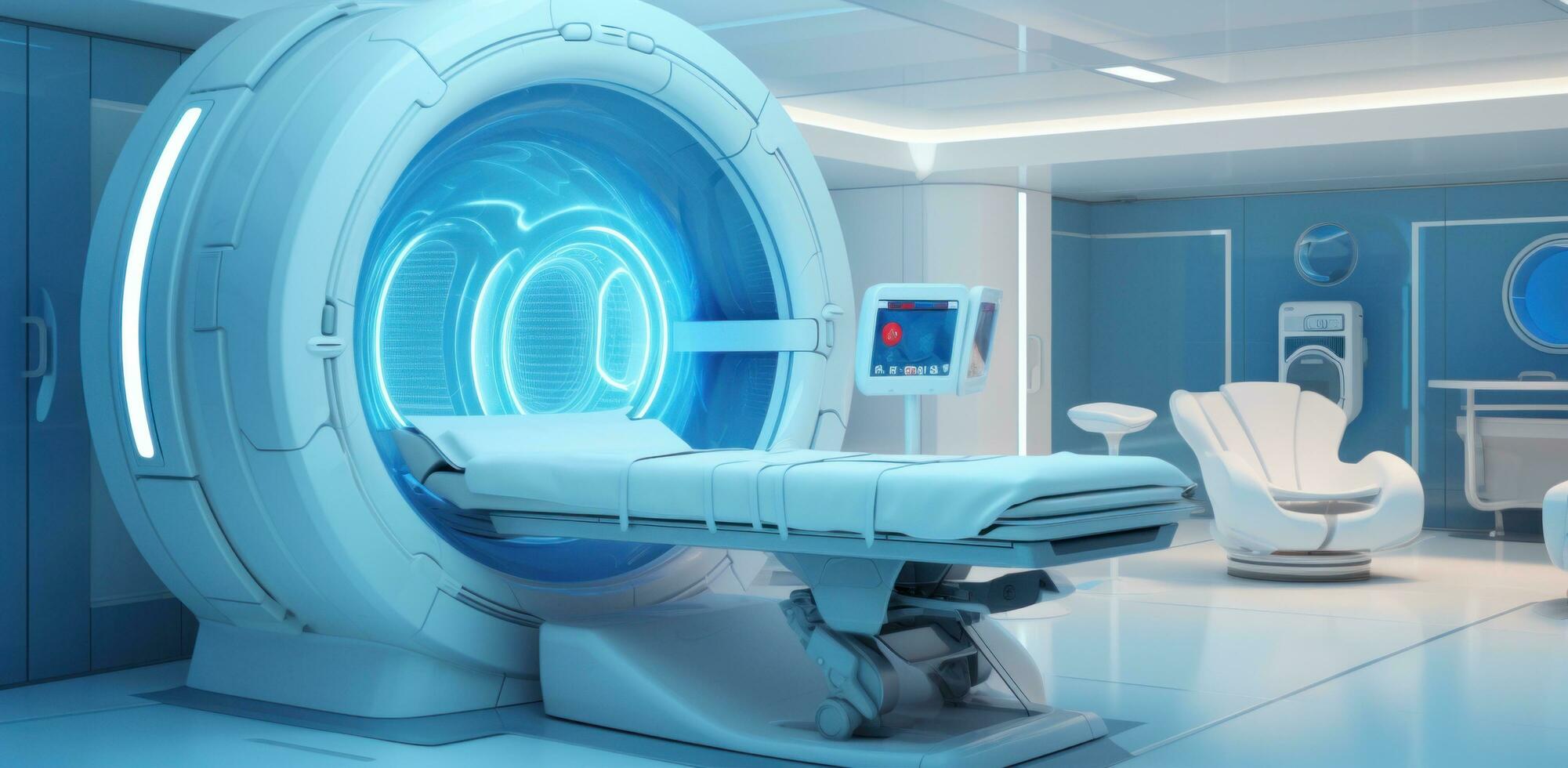 ai gegenereerd een ziekenhuis kamer met een mri machine in het foto