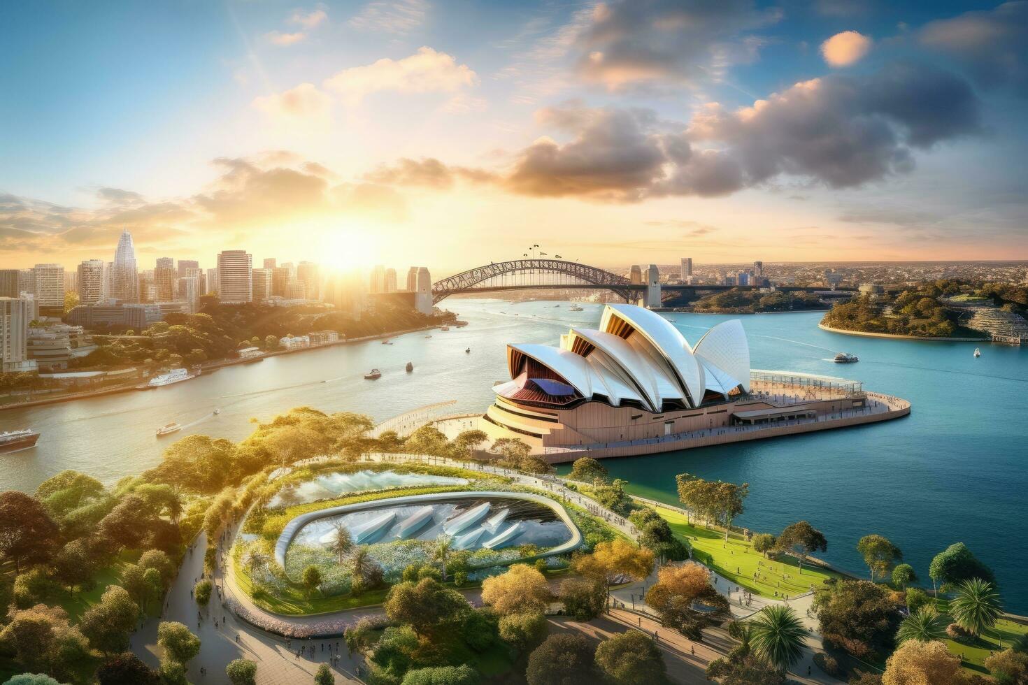 ai gegenereerd panoramisch antenne visie van Sydney opera huis gedurende zonsondergang, mooi antenne visie van de Sydney opera huis door de baai in Australië, panoramisch visie, ai gegenereerd foto
