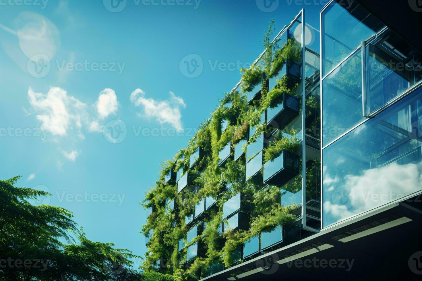 ai gegenereerd milieuvriendelijk gebouw in de modern stad. duurzame glas kantoor gebouw met boom voor verminderen koolstof dioxide. kantoor gebouw met groen omgeving. zakelijke gebouw verminderen co2. foto