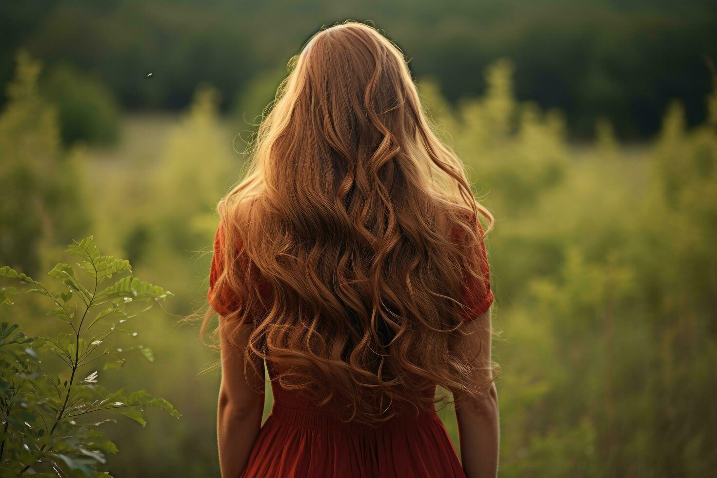 ai gegenereerd mooi jong vrouw met lang gekruld haar- in een rood jurk Aan de achtergrond van natuur, mooi jong vrouw met lang haar- bekeken van de achterkant, ai gegenereerd foto