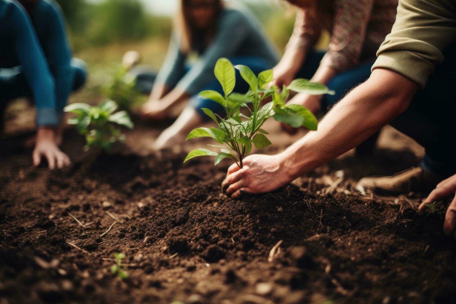 ai gegenereerd detailopname van een groep van kinderen aanplant bomen in de tuin, een groep van mensen planten zaailingen in de grond in een detailopname schot, ai gegenereerd foto