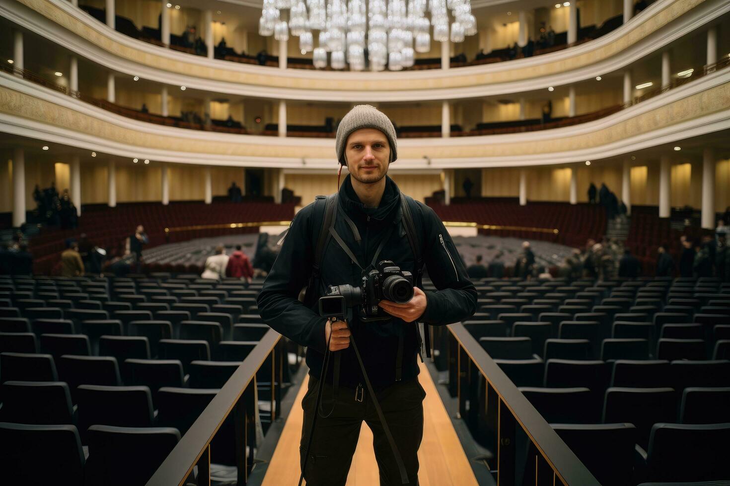 ai gegenereerd jong Mens met een camera Aan de achtergrond van de gehoorzaal, een cameraman met een professioneel digitaal camera staat in voorkant van een conferentie hal, ai gegenereerd foto