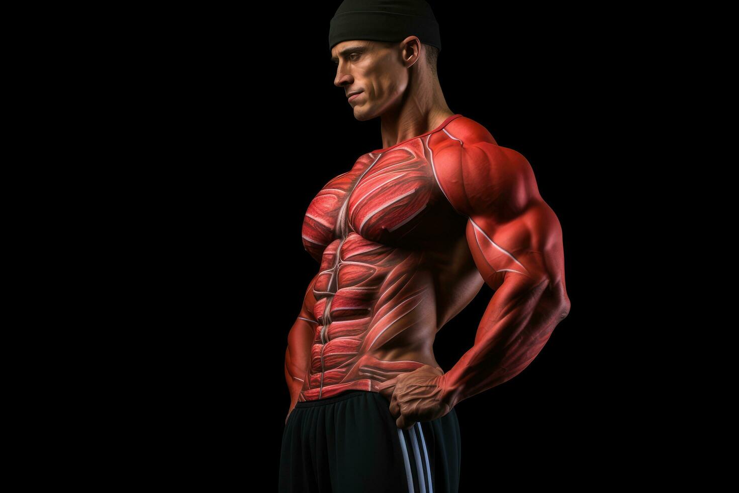 ai gegenereerd gespierd geschiktheid bodybuilder poseren over- zwart achtergrond. 3d weergave, een geschiktheid model- met buikspieren staan, top sectie bijgesneden, voorkant visie, weergeven gedetailleerd spieren, ai gegenereerd foto