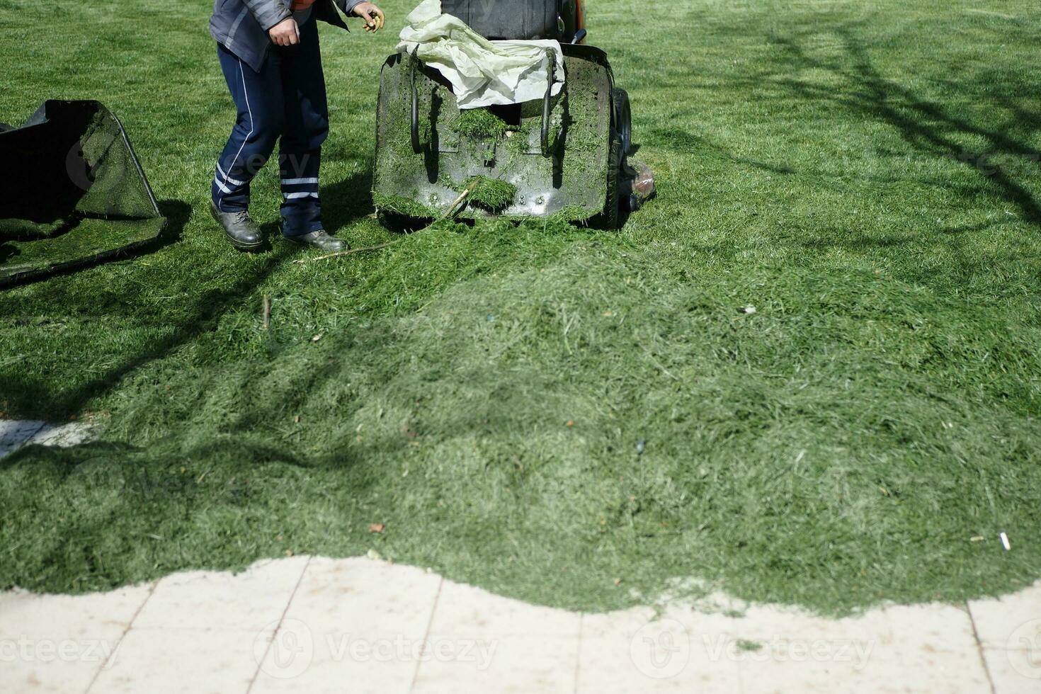 snijdend gras met machine arbeider trimmen tuin met maaier foto