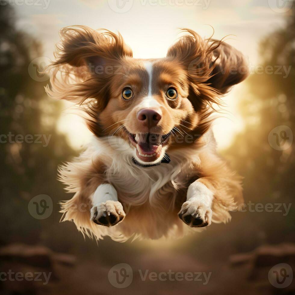 ai gegenereerd portret van een mooi hond jumping in de lucht Bij zonsondergang foto