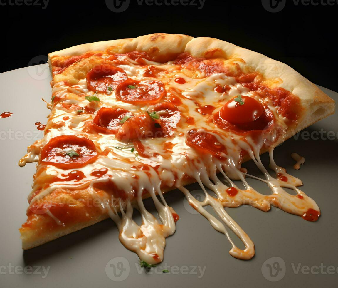 ai gegenereerd detailopname pizza met tomaat saus Aan een zwart achtergrond foto