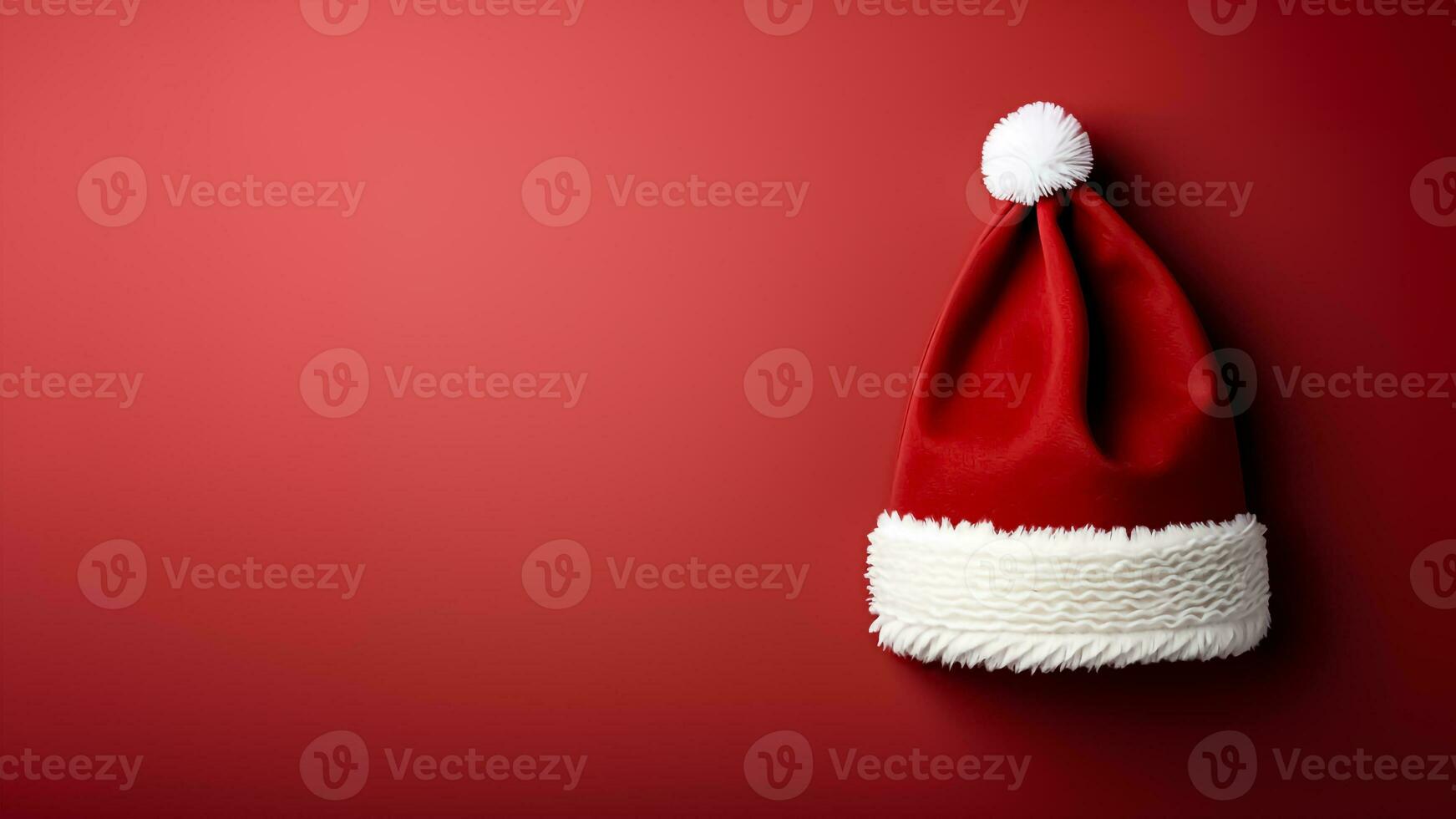 ai gegenereerd de kerstman claus hoed Aan rood achtergrond. top visie. kopiëren ruimte. Kerstmis en nieuw jaar concept. foto