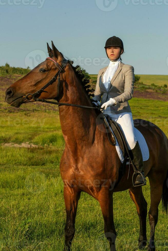 jong vrouw rijden een paard Aan de groen veld- foto