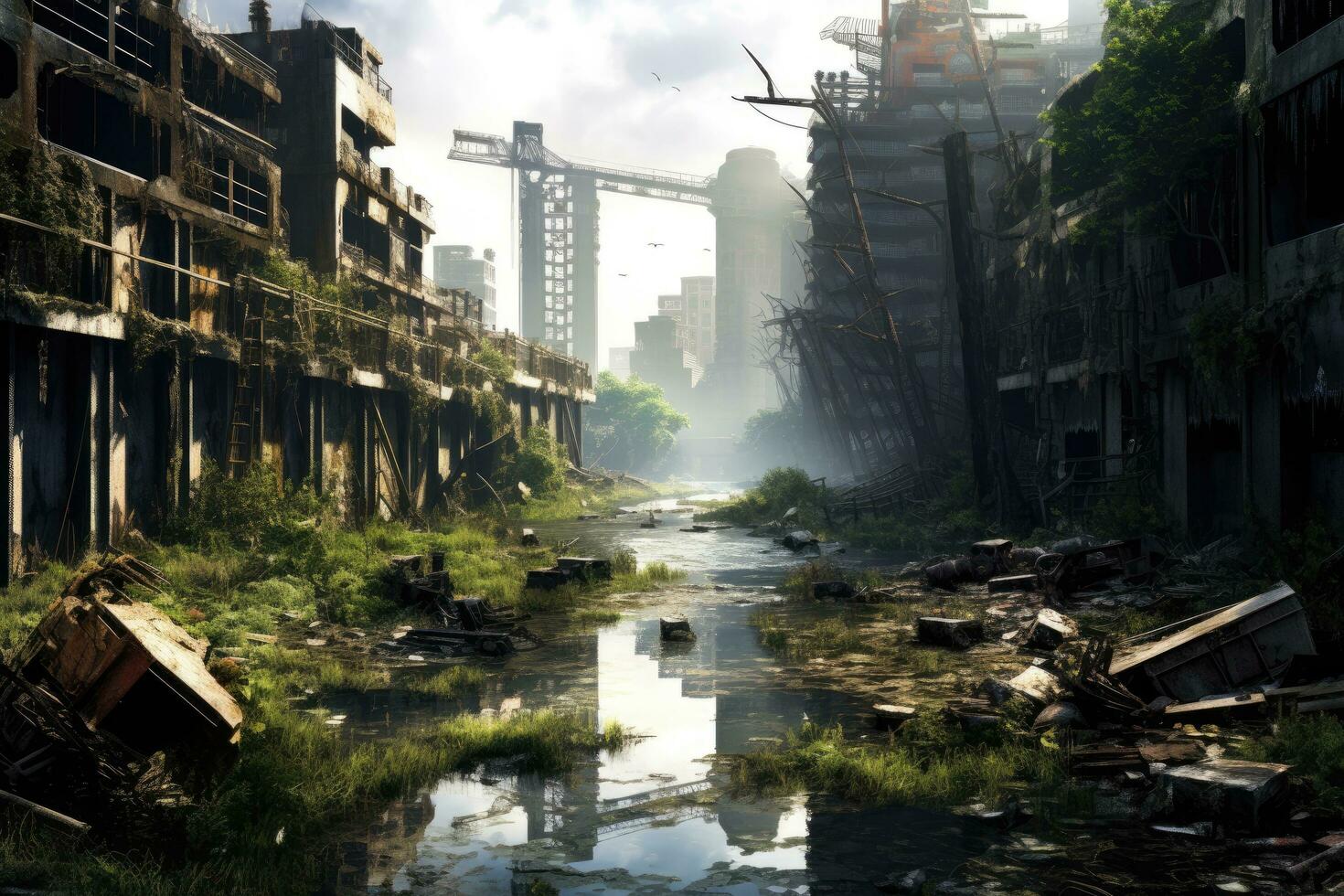 ai gegenereerd ruïnes van een heel zwaar vervuild industrieel fabriek, plaats was bekend net zo een van de meest vervuild steden in Europa, een post-apocalyptisch stad, somber overwoekerd gebouwen, ai gegenereerd foto