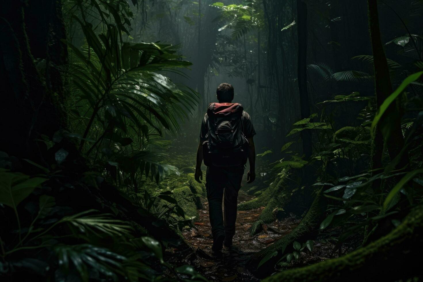 ai gegenereerd Mens wandelen in tropisch regenwoud met mist. donker Woud achtergrond, een mannetje wandelaar navigeren door een dicht en donker oerwoud, gevangen genomen in vol lichaam, ai gegenereerd foto