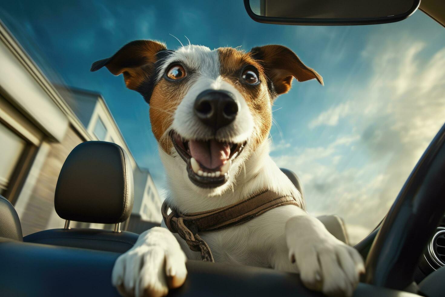 ai gegenereerd jack Russell terriër hond het rijden in een converteerbaar auto, een jack Russell terriër hond is gevangen genomen in een auto Aan de weg, ai gegenereerd foto