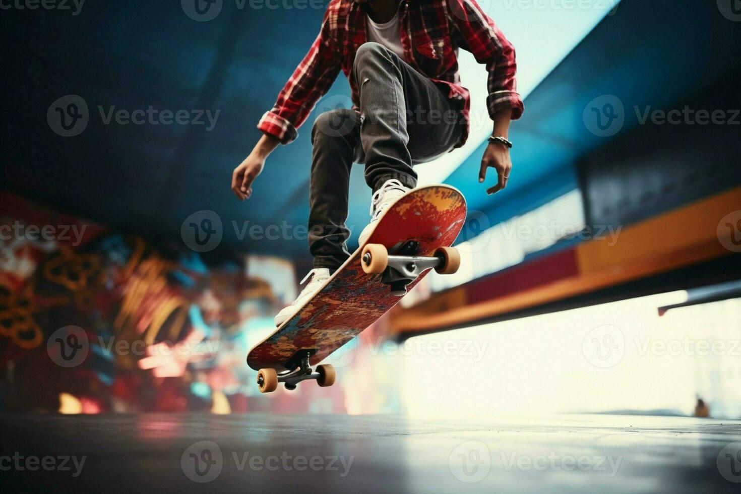 ai gegenereerd skateboarden opwinding persoon wordt weergegeven vaardigheden, rijden de oprit met flair foto