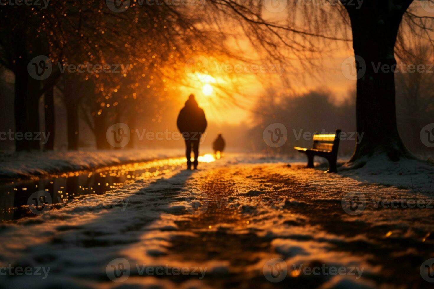 ai gegenereerd winter wandeling persoon wandelingen Aan besneeuwd weg Bij zonsondergang foto