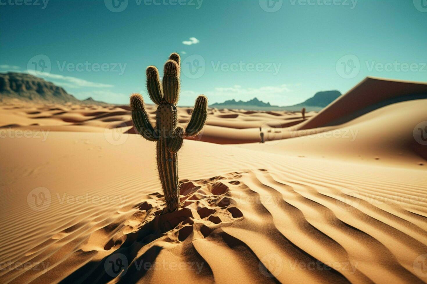 ai gegenereerd woestijn veerkracht een eenzaam cactus staat hoog tussen de duinen foto