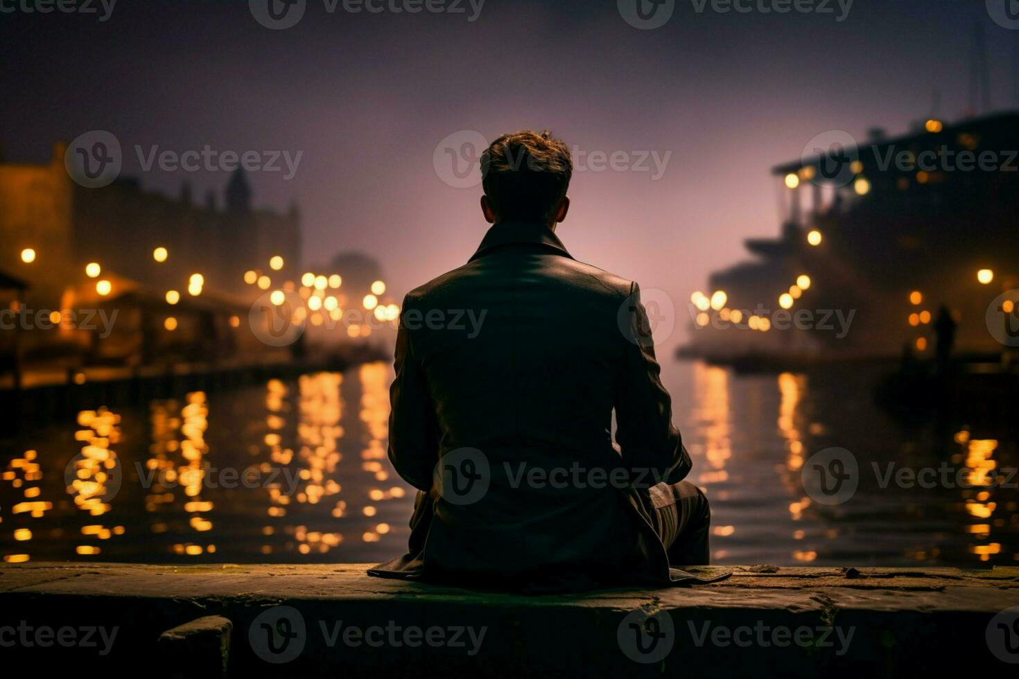 ai gegenereerd reflecterende nacht geschikt Mens zit Bij dok rand in overpeinzing foto