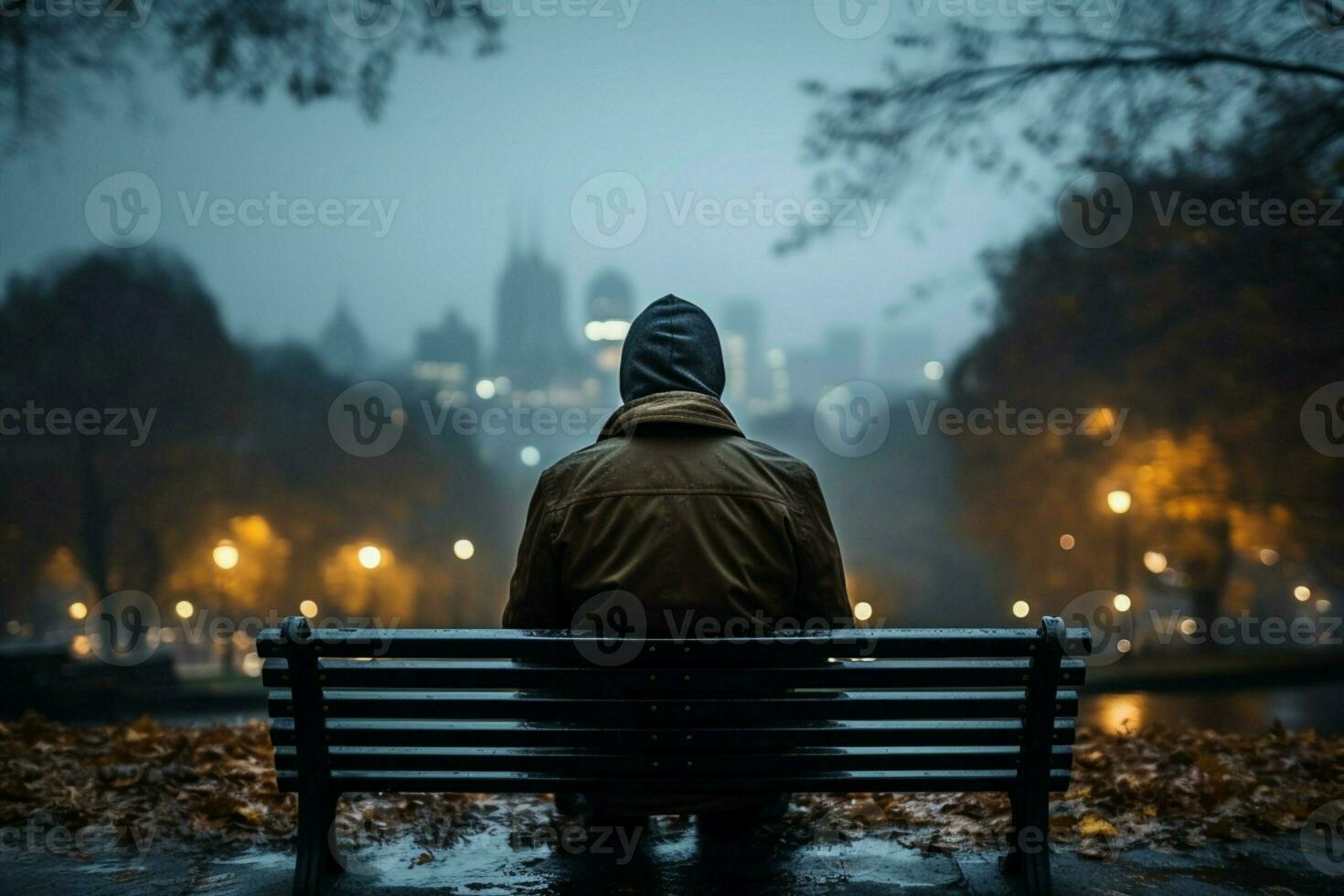 ai gegenereerd bank eenzaamheid persoon omarmt regenachtig weer tegen stad backdrop foto