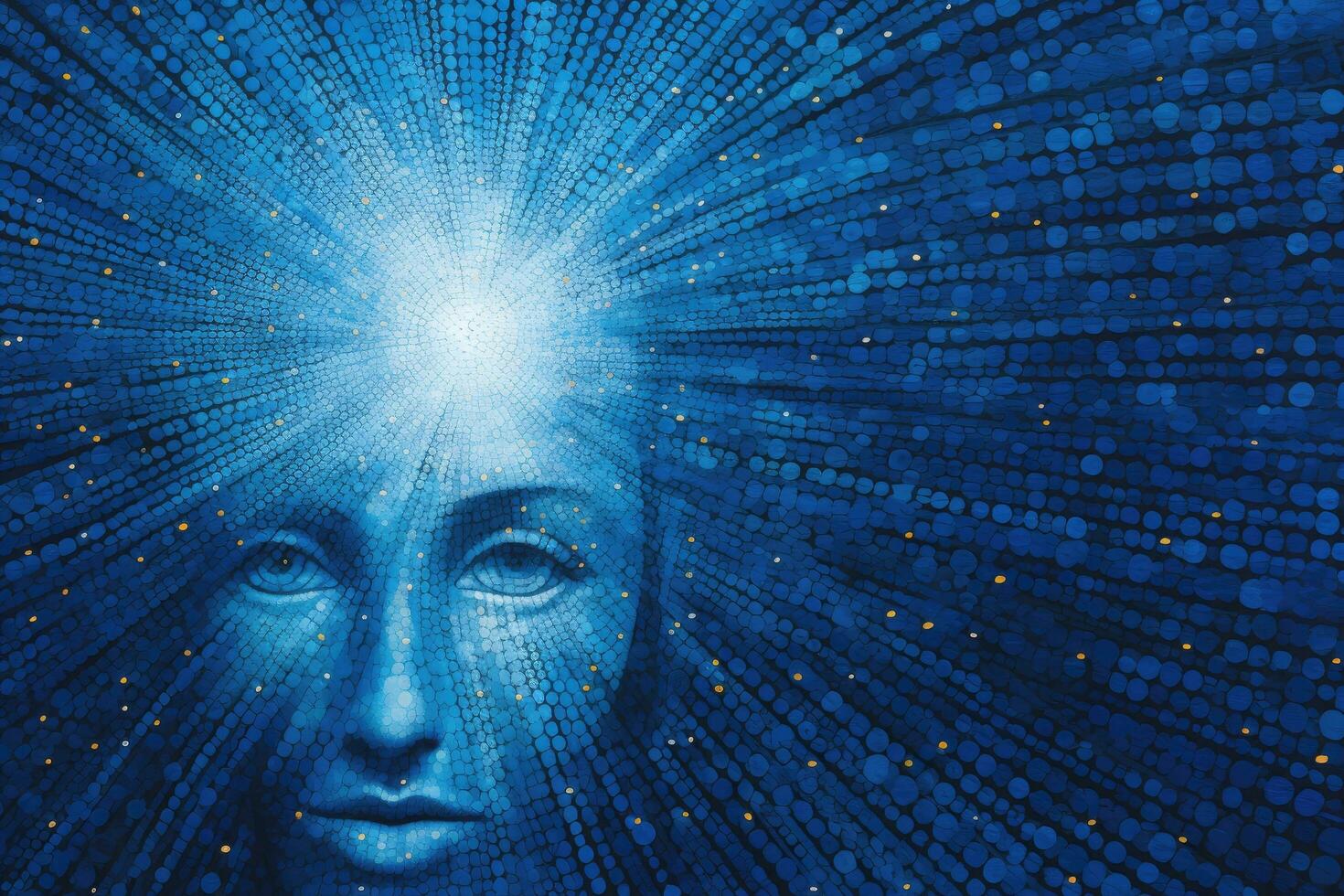 ai gegenereerd abstract digitaal beeld van menselijk hoofd met blauw Matrix achtergrond. 3d weergave, blauw achtergrond met een pointillisme nadering, ai gegenereerd foto