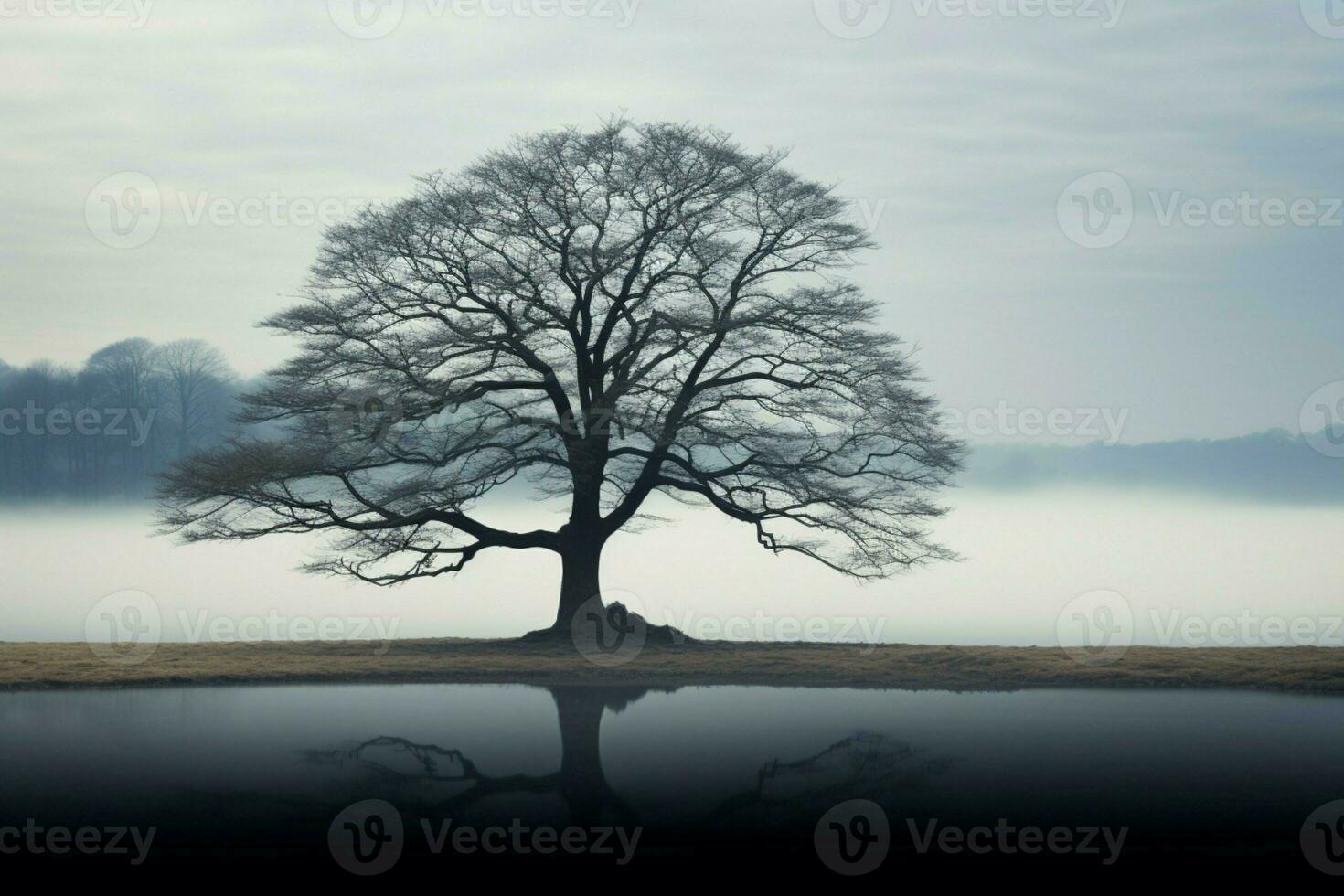 ai gegenereerd etherisch schoonheid eenzaam boom stijgt van de de nevel in eenzaamheid foto