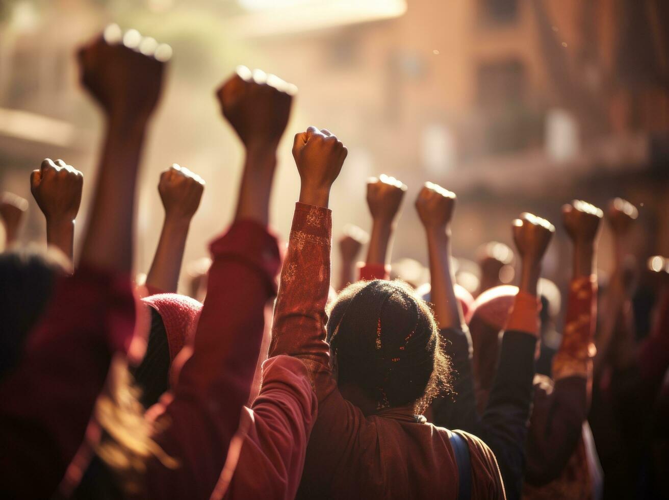 ai gegenereerd de demonstranten verhogen hun vuisten gedurende hun demonstratie foto