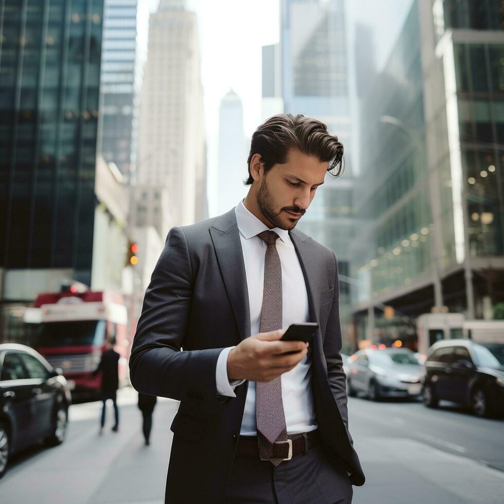 ai gegenereerd een Mens in een pak wandelen naar beneden een bezig stad straat, op zoek Bij zijn telefoon met wolkenkrabbers in achtergrond foto