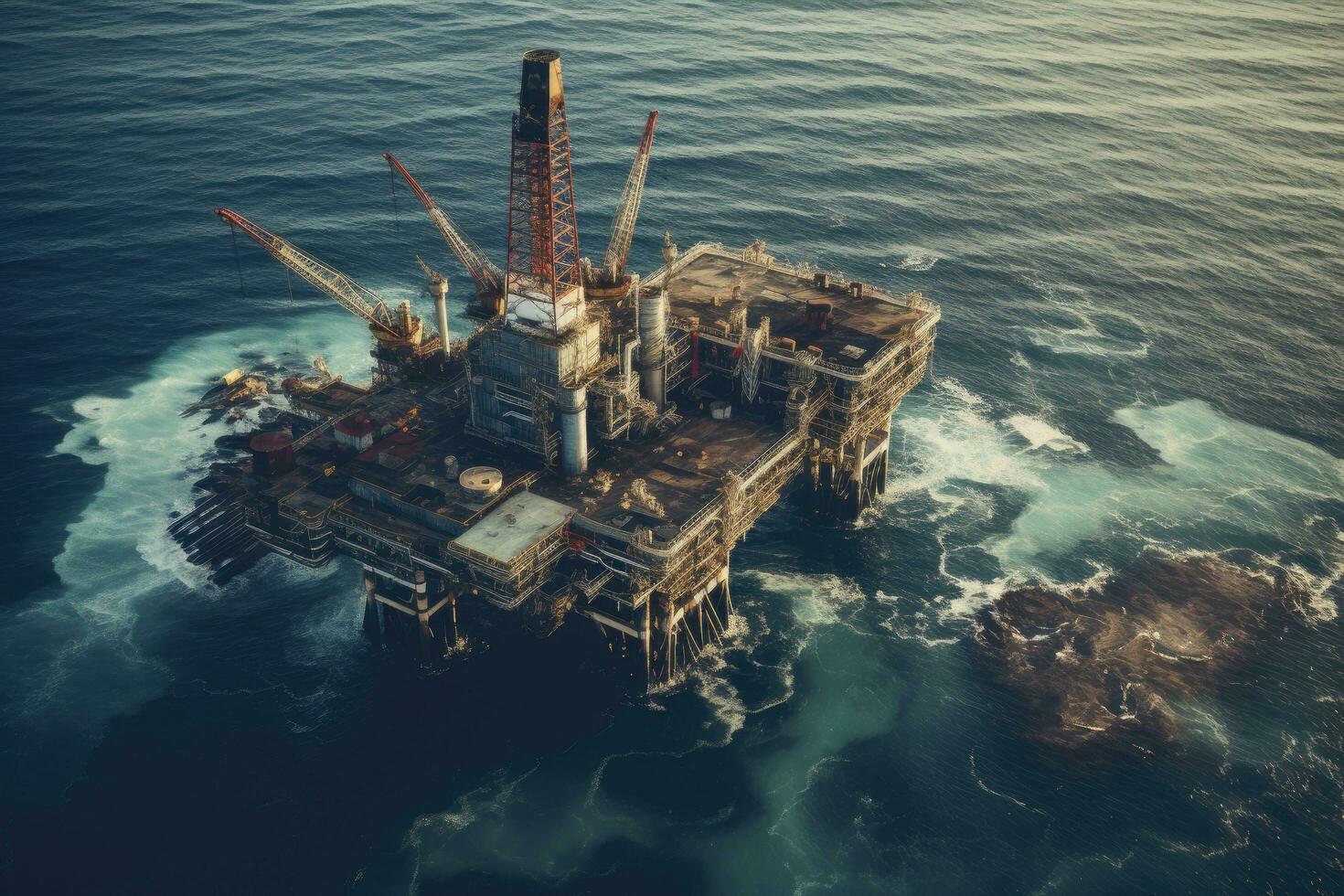 ai gegenereerd olie platform in de midden- van de zee. 3d weergave, antenne visie van een olie en gas- platform in de zee, vertegenwoordigen de olie en gas- industrie, ai gegenereerd foto