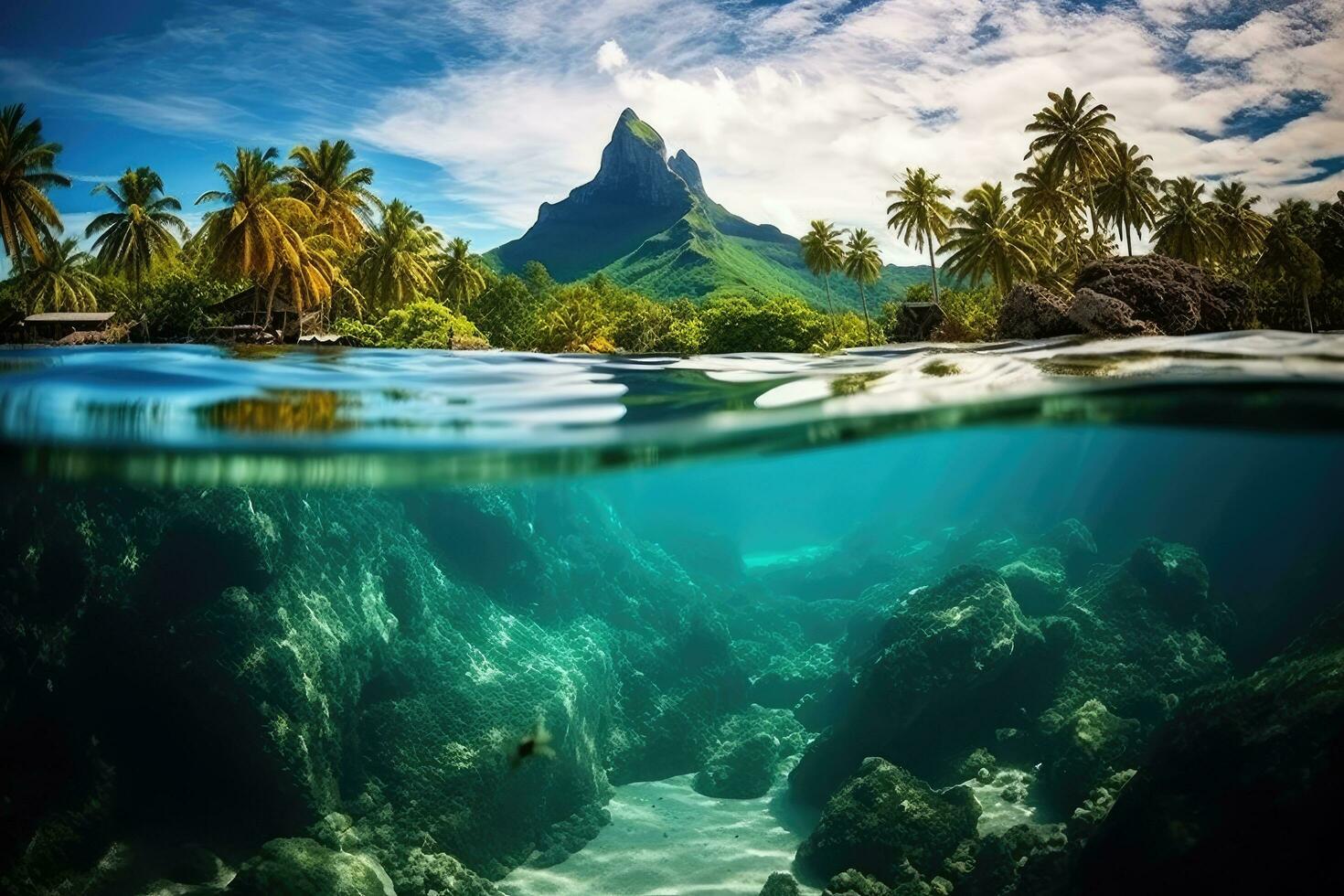ai gegenereerd onderwater- visie van tropisch koraal rif en zanderig strand onder water oppervlak, bora bora onderwater, ai gegenereerd foto