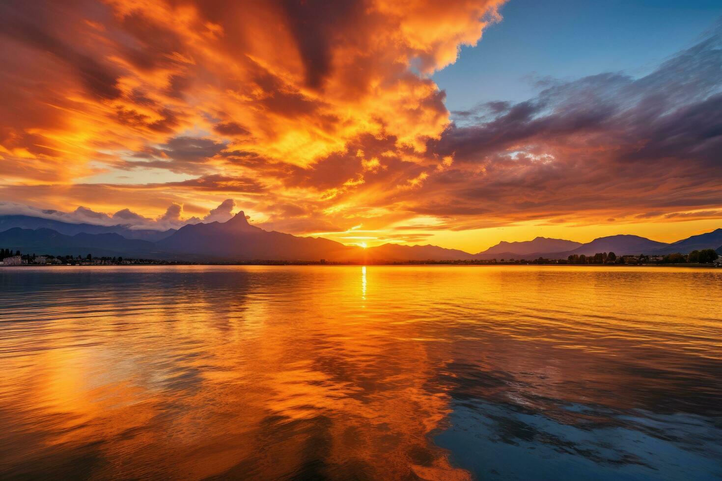 ai gegenereerd zonsondergang Aan de meer met bergen in de achtergrond, nieuw Zeeland, helder zonsondergang over- meer Genève, Zwitserland, met gouden wolken reflecterend in de water, ai gegenereerd foto