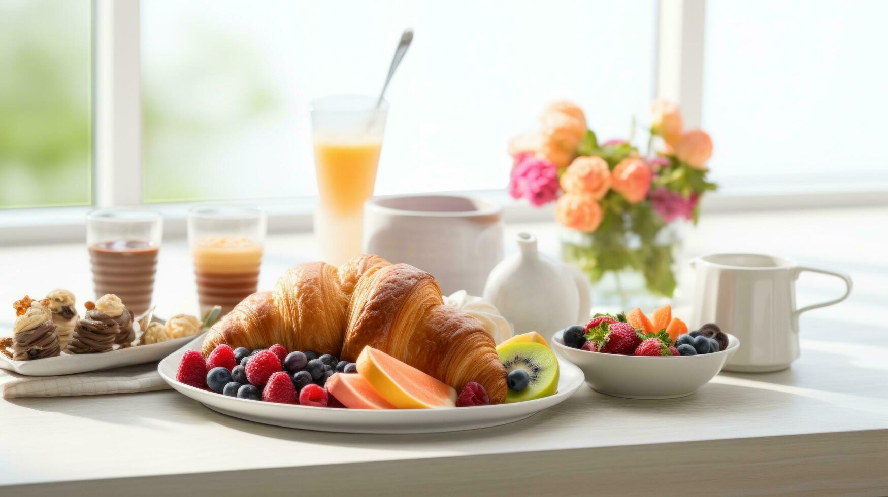 ai gegenereerd een verrukkelijk ontbijt tableau met croissants, bessen, en stomen koffie foto