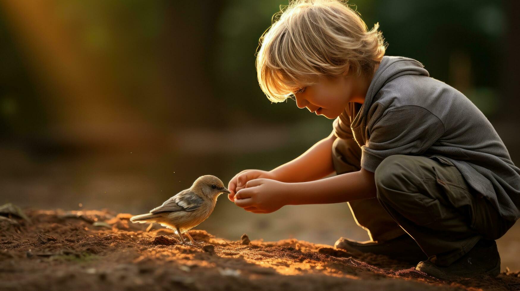 ai gegenereerd een hartverwarmend foto van een jong jongen voeden een baby vogel met een druppelaar