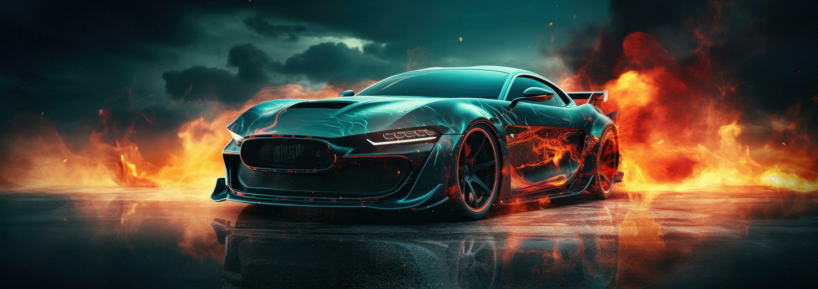 ai gegenereerd brand woedt achter zwart racing auto in de nacht foto