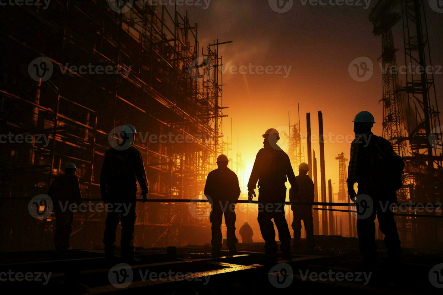 ai gegenereerd industrieel samenwerking bouw ingenieur, aannemer, samenspel silhouet Aan bouw plaats foto